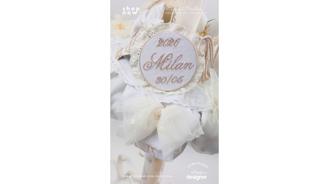 Lumânare de Botez Atelier Paris Monogramă Brodată Ivory Champagne 1